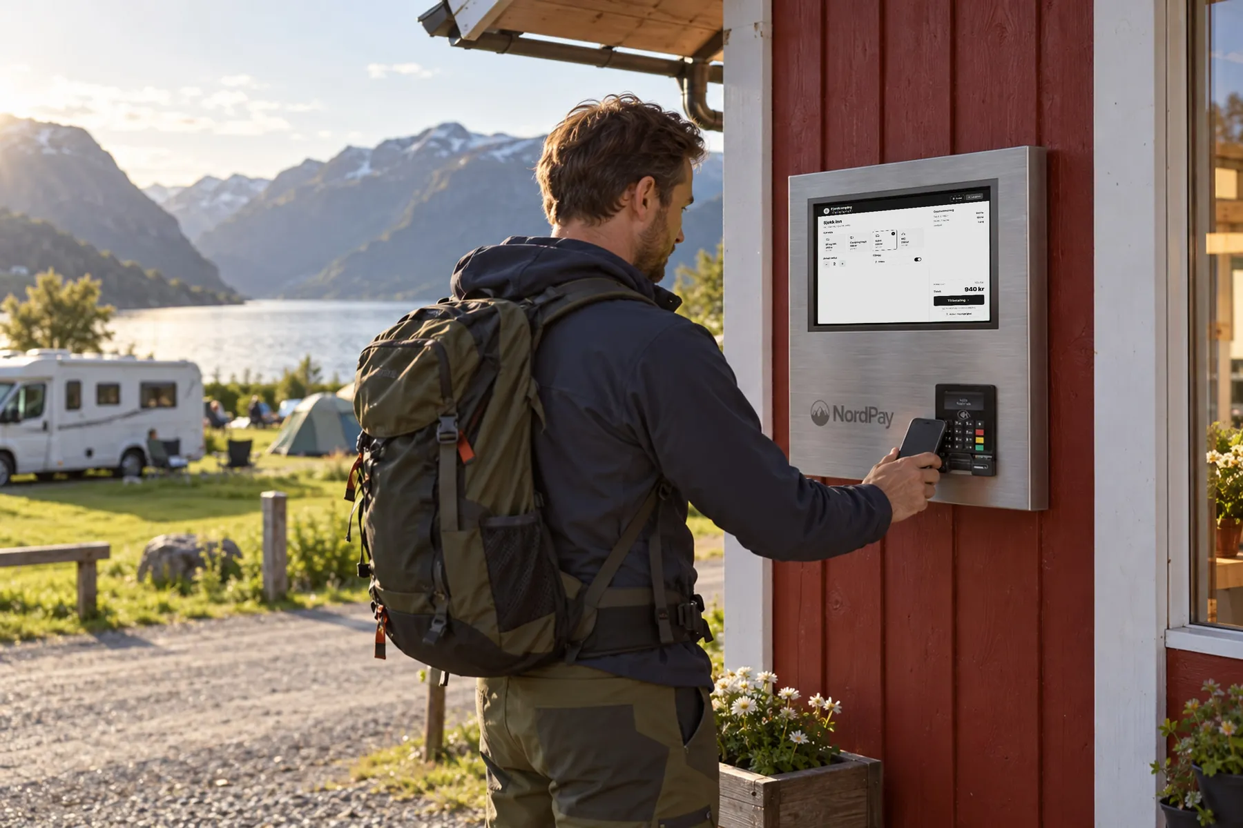 Mann betaler med mobilen på en betalingsautomat på veggen ved resepsjonen på en campingplass