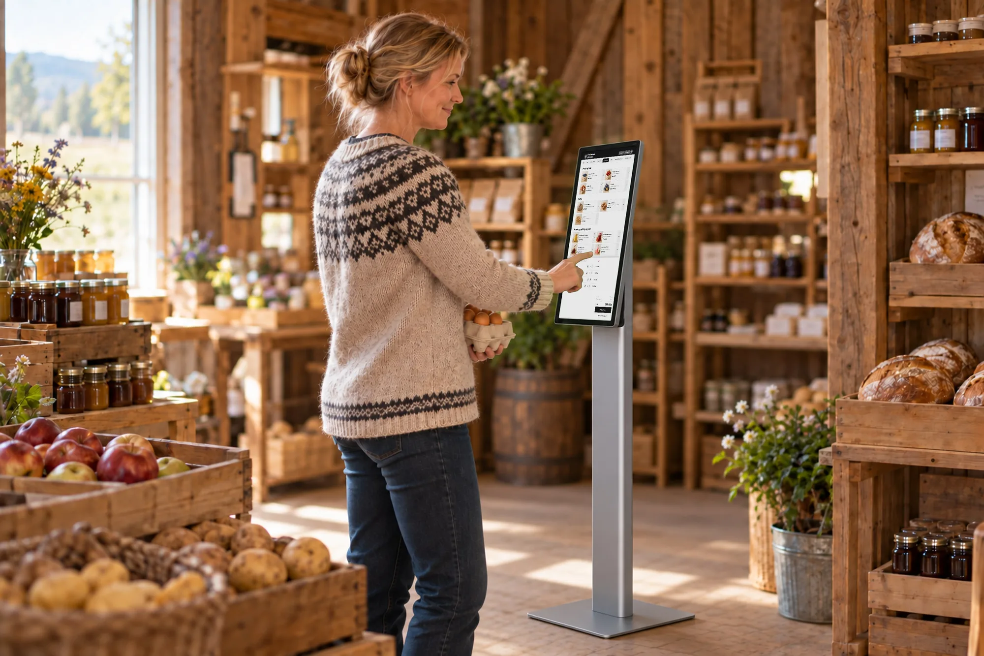Kunde i en norsk gårdsbutikk holder en eske egg og betaler selv på en selvbetjent kasse, Sunmi FLEX 3 22 tommer på gulvstativ