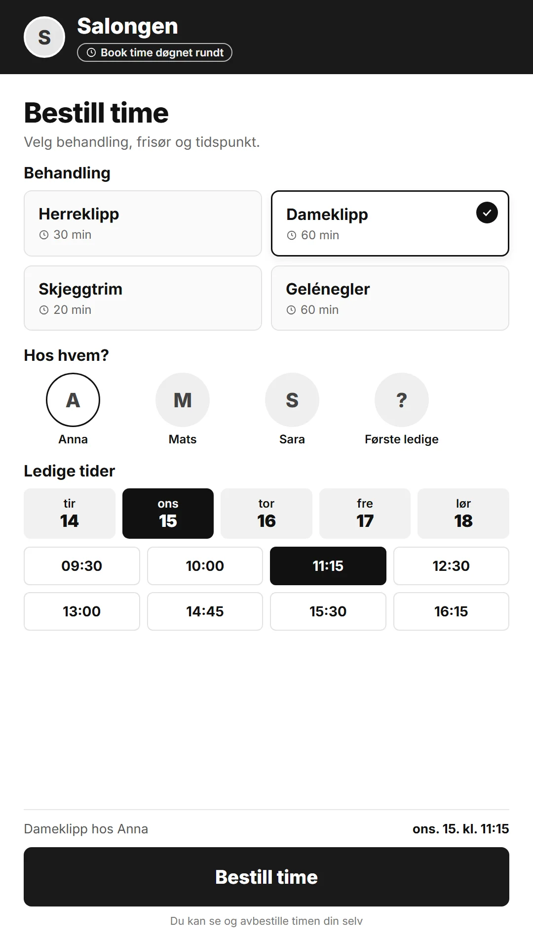 Online timebestilling: kunden velger behandling, frisør og ledig tid