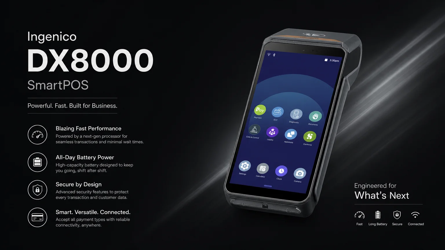 Ingenico DX8000 SmartPOS — Android-smartterminal med touchskjerm og app-ikoner