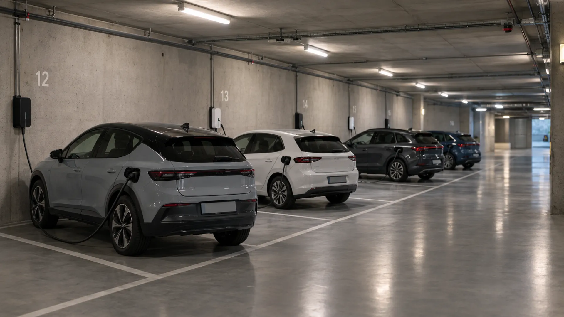 Elbiler som lader i en felles parkeringskjeller i et borettslag